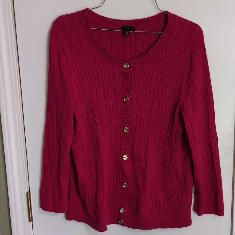 Talbots Red Cardigan Sweater with Textured Knit- Small Tears In Neck
